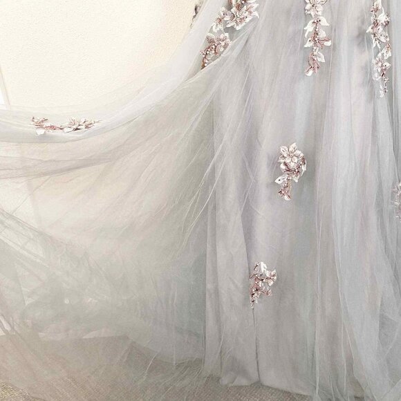 La Femme Gray Embroidered & Beaded Ballgown Floral Chiffon Dress - Picture 5 of 8